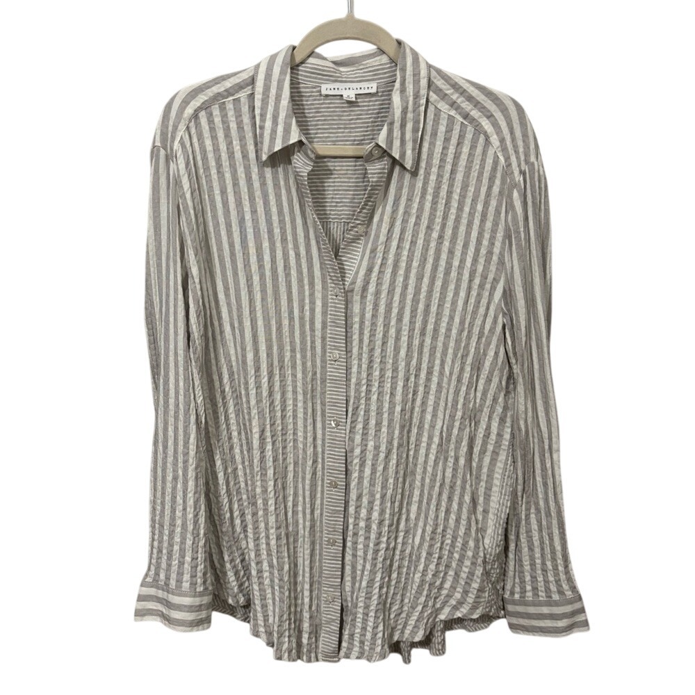 Jane‎ and Delancey Gray and White Striped Button Down Shirt Seersucker